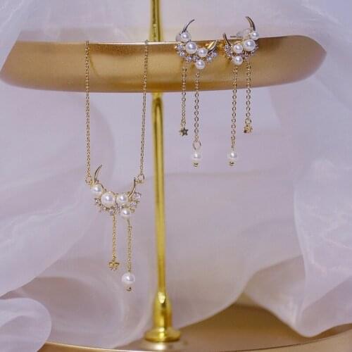 14K Gold Jewelry Set Geometric Moon Zircon Necklace & Earrings for Women French Style Handmade Exquisite Jewelry Korean Fashion