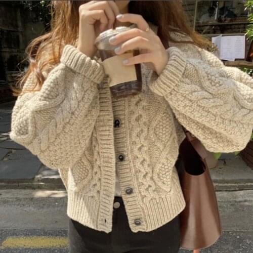 2020 Vintage Solid Thicken Kintted Cardigans Women Casual Twisted Autumn New Sweet Slim Long Sleeved Short Sweaters Purple Beige