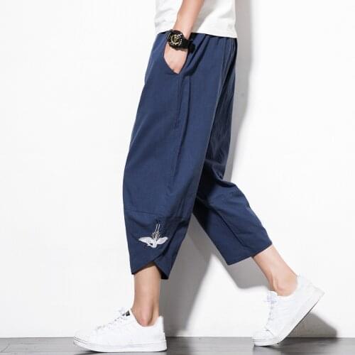 #8064 Summer Thin Cotton Linen Pants Embroidery Loose Plus Size 5XL Mens Joggers Streetwear Vintage Casual Trousers Blue Black
