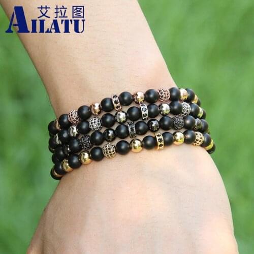 Ailatu High Grade 6mm Micro Inlay Black Cubic Zirconia Lucky Bracelet with Matte Onyx Stone and Copper Beads Jewelry