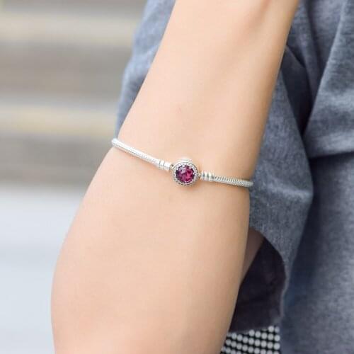 Genuine 925 Sterling-Silver-Jewelry Bracelets for Women DIY Jewelry Making Sparkling Heart Bracelet with Cerise CZ Free Shipping
