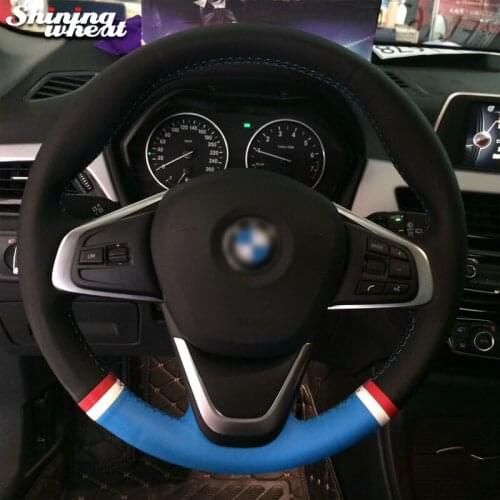 Shining wheat Black Blue Genuine Leather Car Steering Wheel Cover for BMW X1 220i 218i 225xe