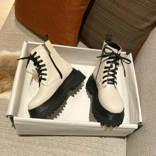 White Leather Winter Motorcycle Platform Ankle Boots Women Mid Heel Thick Short Booties High Top Combat Shoes Botas De Mujer