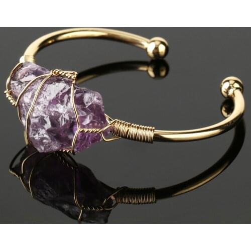 Natural Stone Bangle Gold-color Wire Wrap Irregular Crystal Quartz Cuff Copper Bracelets For Women Girls Kids Jewelry