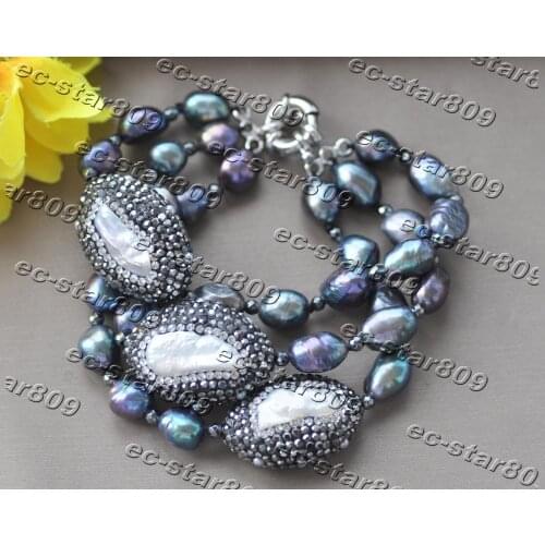 Z11239 3Row 8" 28mm Baroque Peacock-Black White Pearl CZ Bracelet Woman Fashion Jewelry
