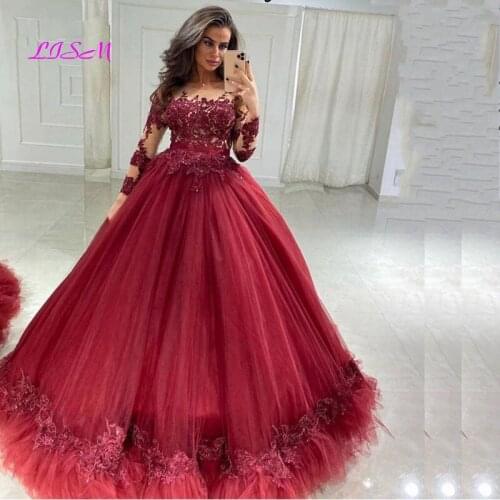 Elegant Ball Gown Evening Dresses Arabia Long Sleeves Formal Dress Lace Appliques vestidos de fiesta 2020