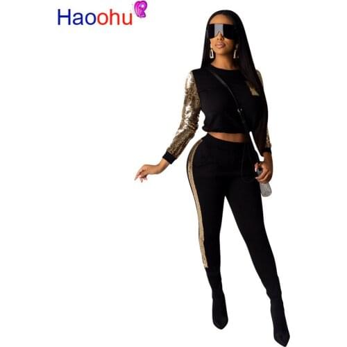 HAOOHU Sequin Splice Two Piece Set Women Tracksuit Fall Winter Festival Clothes Crop Top Pant Sweat Suits 2 Piece Club Outfits