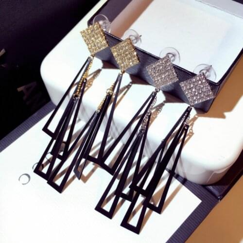 Korean Fashion Jewelry Geometric crystal Long Earrings Wild Tassel Female Earrings Temperament Bohemian Crystal Earrings