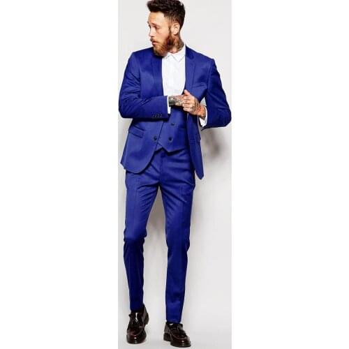 Two Buttons Groomsmen Notch Lapel Groom Tuxedos Royal Blue Men Suits Wedding Best Man Blazer (Jacket+Pants+Tie+Vest) B982