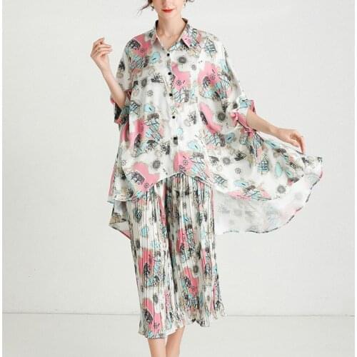 Summer Women Chiffon Shirt Loose Large Size Chiffon Tops+ Wid Leg Pants Two-piece Suit Asymmetrical Casual Chiffon Clothing Set