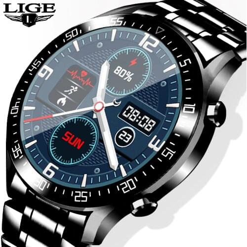 LIGE 2020 New Steel Band Smart Watch Men Heart Rate Blood Pressure Sports Multi-Function Full Touch Screen Waterproof Smartwatch