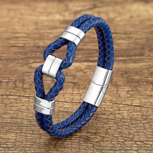 Trendy Blue Genuine Leather Bracelets Charm Men Stainless Steel Metal Classic Rope Chain Bracelet For Women Friends Jewelry