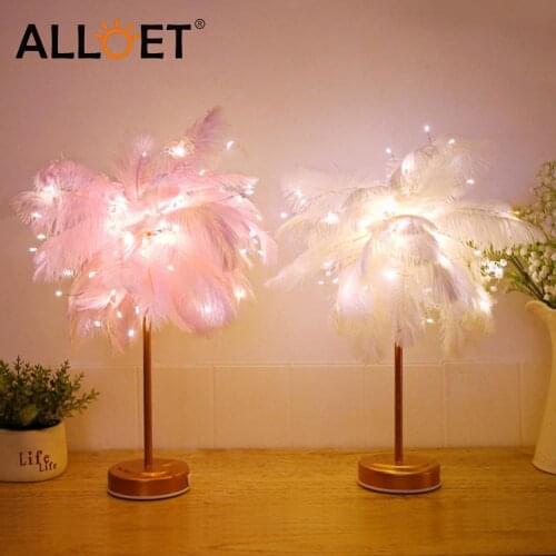 Remote Control Feather Table Lamp DIY Creative Warm Light Tree Feather Lampshade Wedding Home Bedroom Adornment