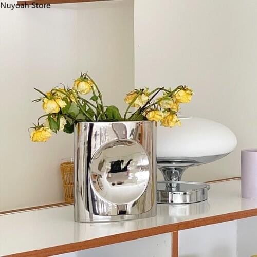Silver Plated Ceramic Dried Flower Vase Mirror Geometric Architectural Flower Arrangement Vase Living Room Decoration Vase