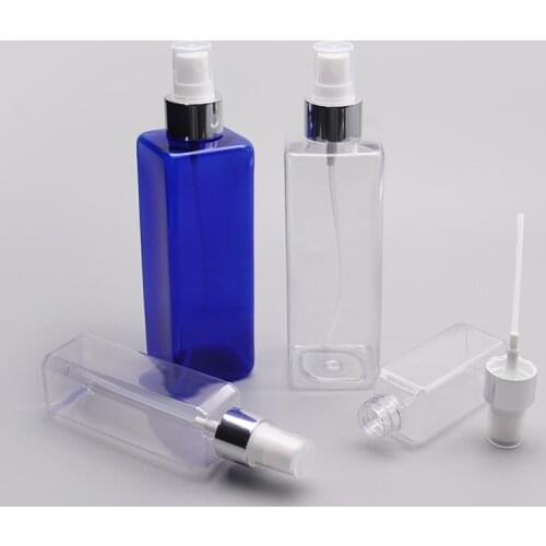 Clear Blue 30ML 60ML 100ML 250ML X 24 Empty Plastic Square Bottle With Silver Anodized Aluminum Sprayer Pump PET Perfume Bottles