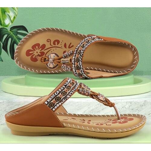 Sandals Women Summer Non-slip Floral Printing Slides Comfy Beach Platform Flip Flops Fashion String Bead Roman Ladies Sandals