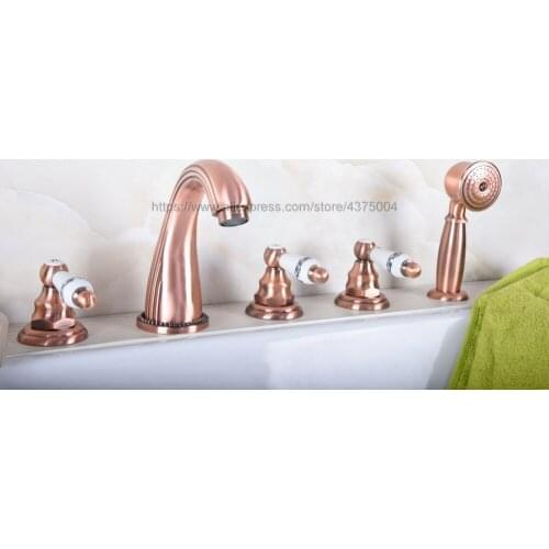 Widespread Antique Red Copper 5 Holes 3 Handles Bathroom Tub Faucet W/ Hand Shower Mixer Tap Ntf188