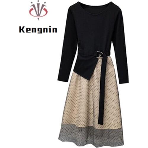 Loose Oversized Womens Dresses Autumn Fake Two Piece Ladies Black Dresses Asymmetrical Sashes Patchwork Lace Female Robe KE1855