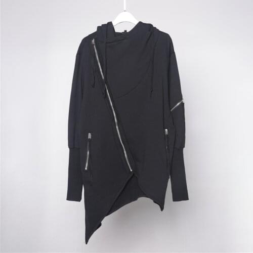 Dark three-dimensional cut irregular personality Oblique Zipper stitching with a hat coat, casual jacket windbreaker fashion men