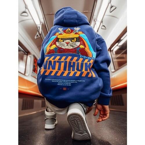 National Tide Hip-hop Streetwear Loose Casual Printing Plus Fleece Hooded Sweatshirt Harajuku Y2k Tops Oversized Printing Grunge