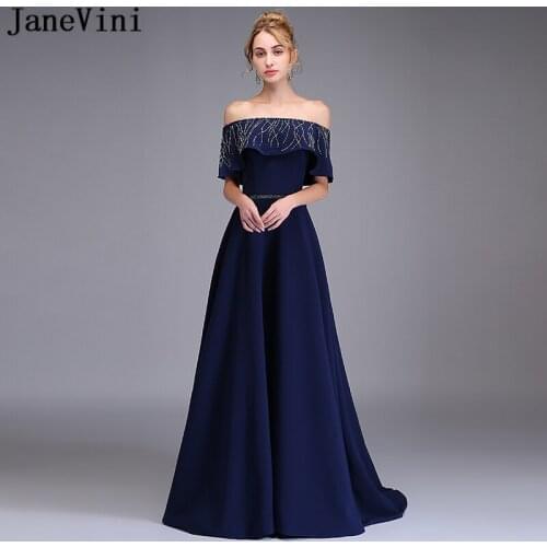 JaneVini Vintage Navy Blue Long Bridesmaid Dresses for Weddings Boat Neck Satin Beading Backless Formal Prom Gowns Sweep Train