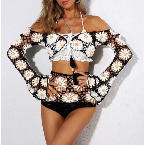 Crochet High Leg Bandeau Bikini Set Swimwear Female Three Pieces Swimsuit High Waist Bikini Women Bathing Suit Biquini 2020 New