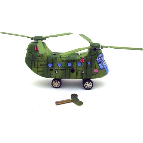 [Funny] Adult Collection Retro Wind up toy Metal Tin Twin-screw military helicopter transport plane Clockwork toy vintage toy