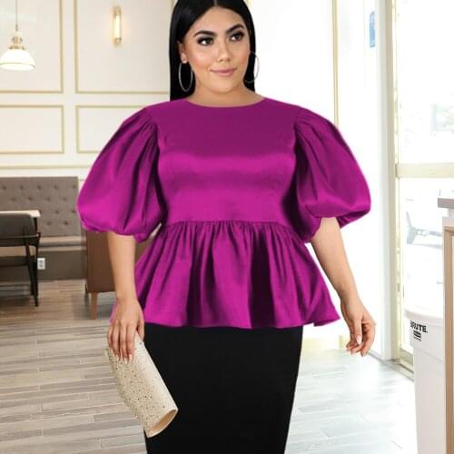 Plus Size Blouse for Women Purple O Neck Lantern Sleeve Peplum Ruffle Shirt Vintage Elegant Spring Summer Work Party Ladies Tops