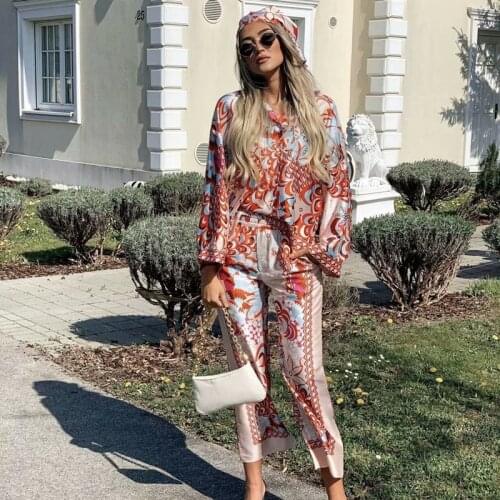 2021 Summer Women Elegant Satin Colorful Print Long Sleeve Top Blouses Shirt Y2K And Pants 3 Pieces Sets Casual Loose Pant Suits