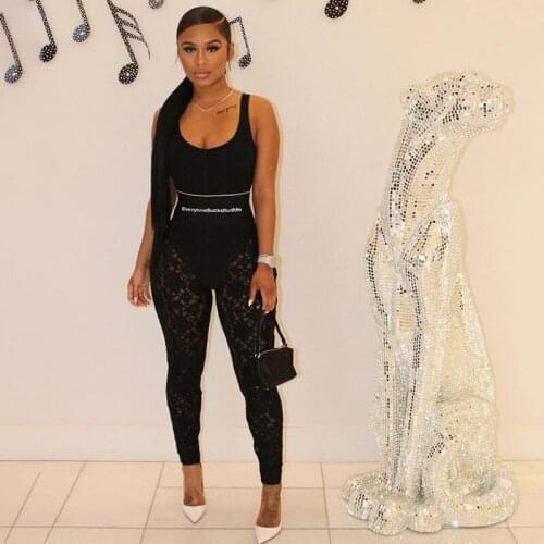 2021 New Style Women Summer Jumpsuits Ladies Letters Print Lace Splicing Scoop Neck Sleeveless Slim Jumpsuit for Girls