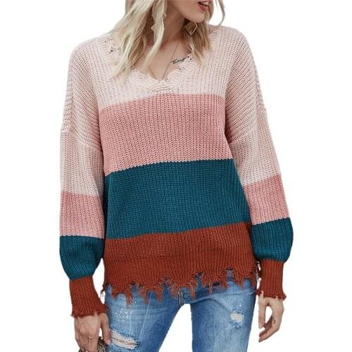 Spring Autumn Thin Knitted Tops Pullover Women Casual Long Sleeve Irregular Color Patchwork V-neck Female Loose Vintage Sweater