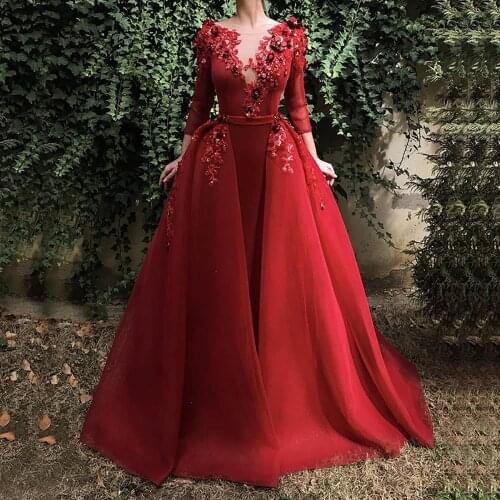 Платье New Burgundy Long Evening Gown Long Sleeve Sequin Flowers Dubai Kaftan Saudi Arabic Elegant Formal Dress Muslim Evening