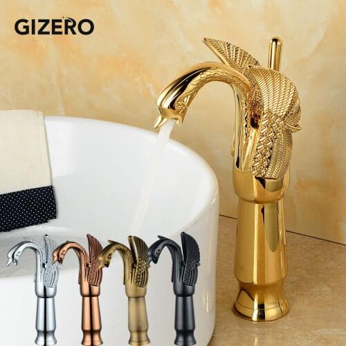 Golden Faucet Bathroom Luxury European Style Swan Carving Vanity Sink Mixer Tap Deck Mounted Countertop torneira ZR476