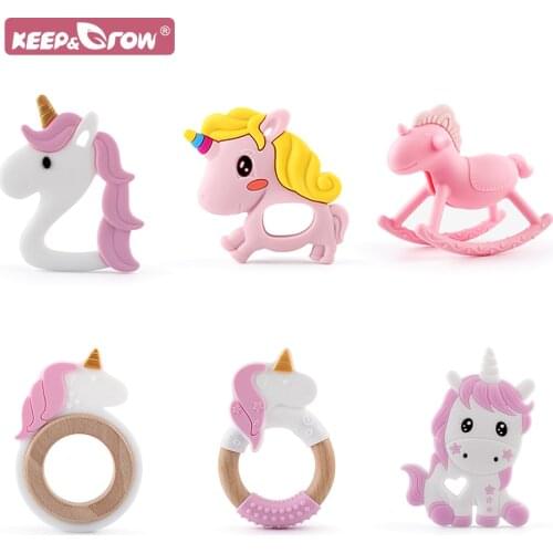 Unicorn Baby Teether Silicone Wooden Ring Cartoon Animals Rodents Teething DIY Baby Pacifier Chain 1pc Bebe Oral Care Tiny Rod