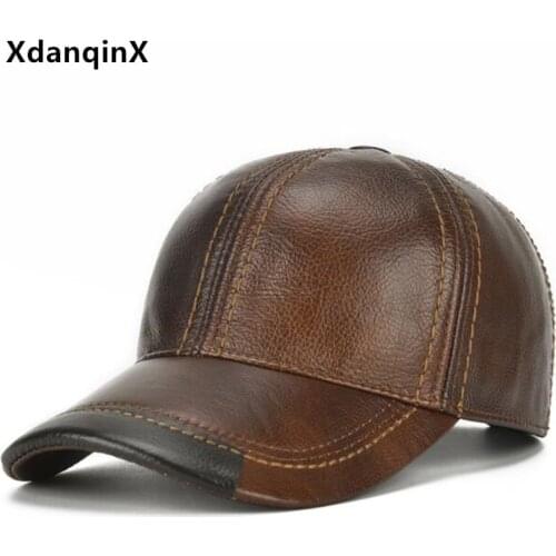 XdanqinX Middle-aged Elderly Mens Leather Hat Adjustable Size Cowhide Leather Baseball Caps Snapback Cap Bone Casual Brand Cap