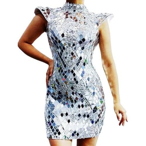 Sparkling Silver Sequined Half High Collar Sleeveless Women Dress Tight Stretch Short Dress Nightclub DJ Singer Dance Stage Wear