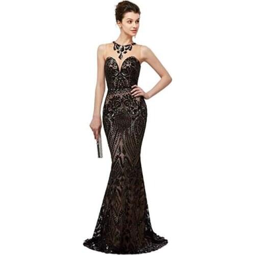 2019 Multicolor sequined fabric long evening dress black color