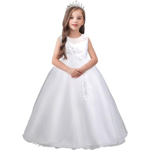 Korean Childrens Breathable Mesh Round Neck Clothing Wedding Party Piano Performance Pink Girl Dress