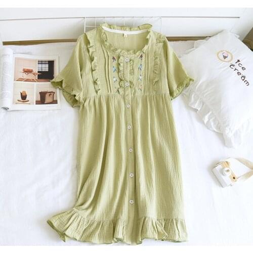 Summer Cotton Gauze Japanese Soft Girl Nightdress Women Lovely Thin Short-sleeved Nightgowns Solid Home Clothes Sleeping Dress