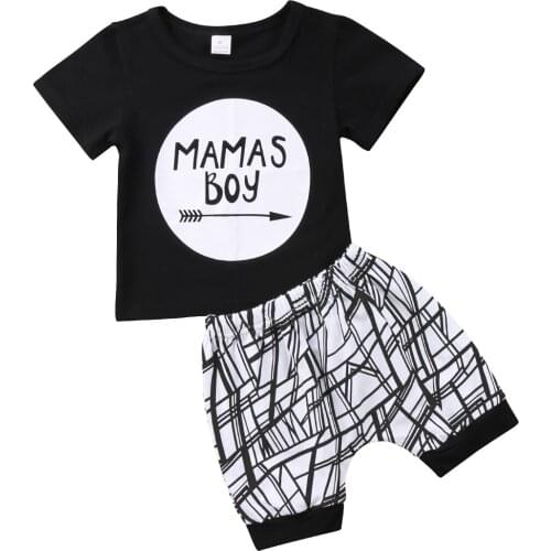 2020 Baby Boys Summer Clothes Set Cotton Black Letter Print Short Sleeve T-shirt White Striped Pants Shorts Leggings 0-24
