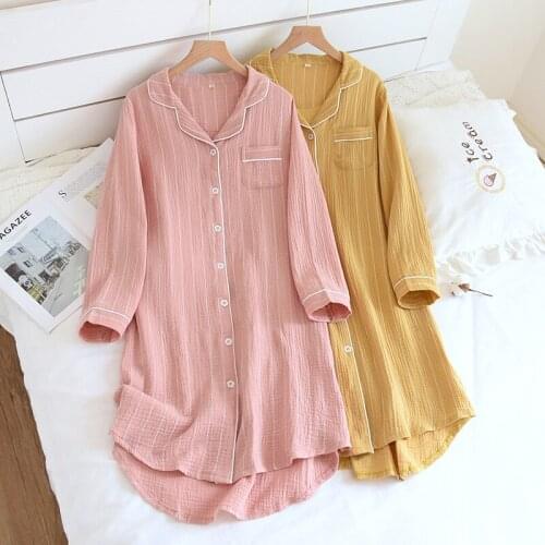 Summer Sleepskirt for Women Pure Cotton Crepe Thin Long Sleeved Ladies Pajama Stripe Shirt Skirt Loose Cardigan Lounge Homedress