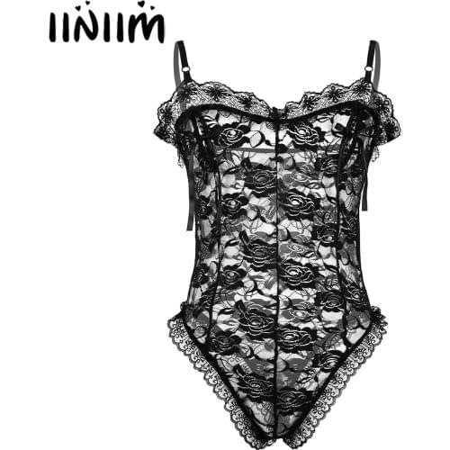 Mens Lingerie Exotic Teddies Bodycon Spaghetti Straps See Through Lace Nipple Splits with Ribbon Night Club Sissy Thong Bodysuit