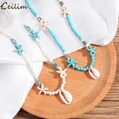 2021 New Bohemian Natural Stone Shell Pendant Short Necklace for Women Starfish Beads Chokers Female Collar Summer Jewelry