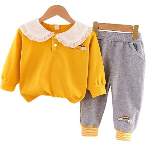 Girl Clothes Spring Autumn 2021 Clothing Sets Doll Collar Long Sleeve + Trousers Two-Piece Suit Sweet Clothing For Baby Girls