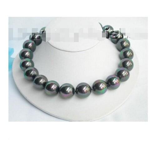 Wholesale good 16mm round peacock black south sea shell pearl necklace Noble style Fine jewe FREE SHIPPING