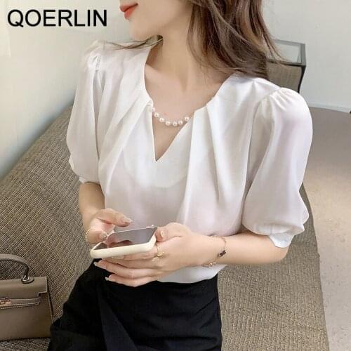QOERLIN White Beading Pearl Blouse Women Summer Elegant OL Office Formal Solid V-Neck Short Sleeve Shirts Korean Tops Plus Size