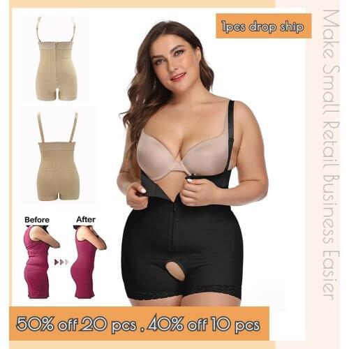 Plus Size Lace Trim Shapewear Zip Up Soft Crotchless Romper Bodysuit Front Closure Corset S~6XL CT Market 061