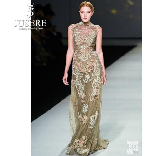 Jusere Real Photos High Neck Formal Dress Sleeveless Appliques With Beaded Party Gown Long Custom Made Sheath Evening Dress 2019