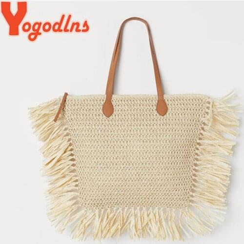 Yogodlns Bohemian Straw Bag For Women Woven Beach Bag Large Capacity Handbag Leisure Vacation Lady Totes Tassel Shoulder Bag sac