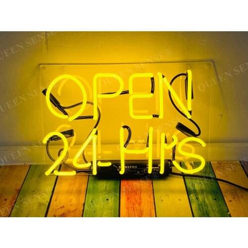 Custom Open 24 Hrs Yellow Acrylic Neon Light Lamp Sign Beer Bar Handmade Real Glass Decorate Home Wall Room Decor Club